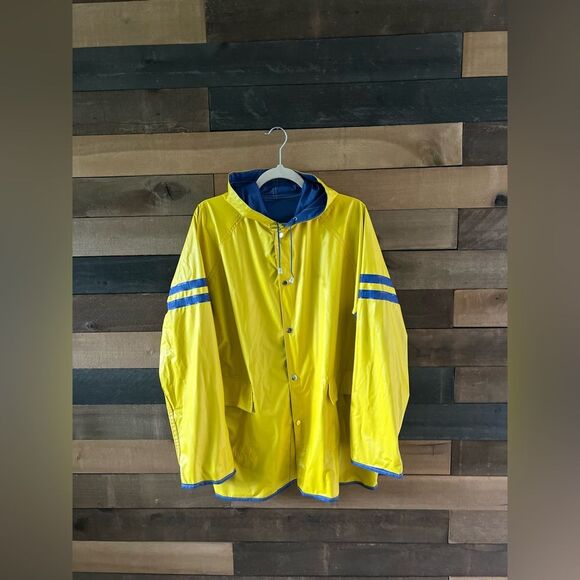Vintage Weather-Rite Blue Yellow Reversible Raincoat with Stripes & Hood - Picture 7 of 10